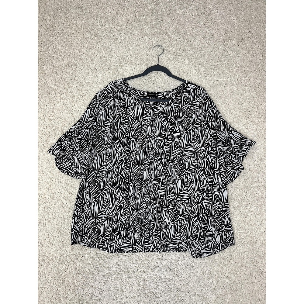 Ryan Wythe Blouse Womens 3X Black White Leaf Print Short Sleeve Flowy Top Mature